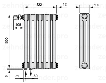 Схема (чертеж) Радиатор Zehnder Charleston 3100/7 №V001 Белый глянцевый RAL 9016